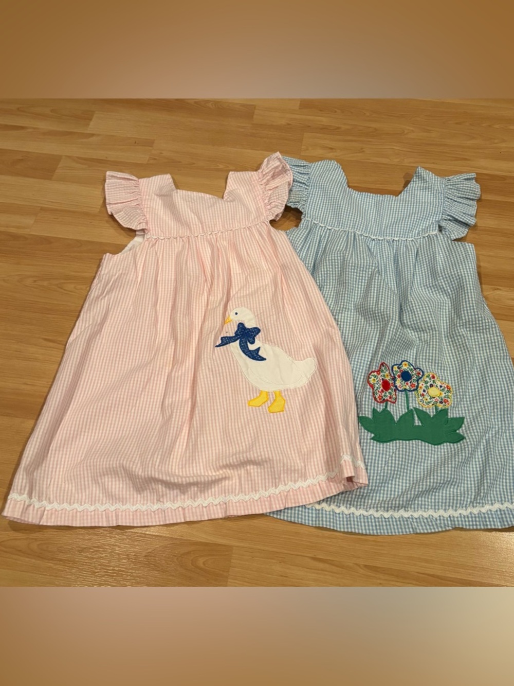 Papaya Vintage Pink & Blue Seersucker Girls' Duck and Flower Appliqué Dresses